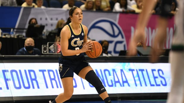 Mar 4, 2022; Greensboro, NC, USA; Georgia Tech Yellow Jackets guard Sarah Bates (3) passes against the Notre Dame Fighting Irish during the second quarter at Greensboro Coliseum Complex. Mandatory Credit: William Howard-USA TODAY Sports